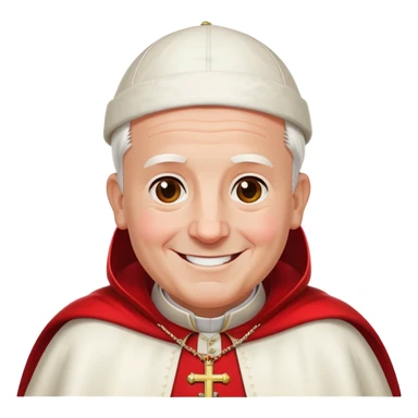 Pope waving and smiling, wearing red cape and white hat sticker