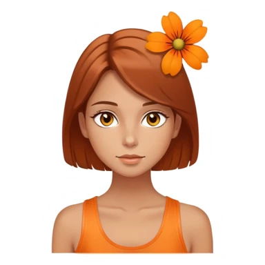 pretty girl with hazel, almond shaped eyes, she las light a bit tanned skin, she has brown auburn hair straight and long lashes, she had orange flower in her head, and orange tank top sticker