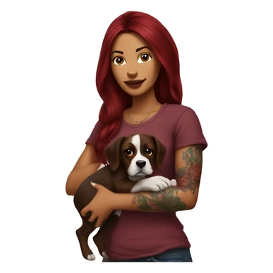 Beautiful tattooed  burgundy long haired woman holding a boxer puppy sticker