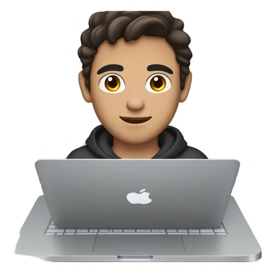 Young man with dark hair and brown eyes sits in front of silver macbook, front view sticker