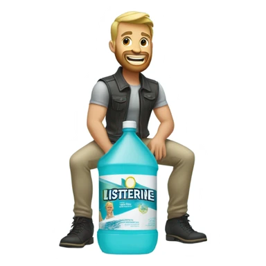 Buff man with blonde short hair and a medium length blonde beard riding on top of a giant bottle of listerine sticker