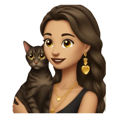 Beautiful skinny woman long dark brown hair in dark dress with gold earrings hug bengal cat sticker