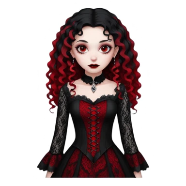 A girl with a red goth vampire look in a black and red goth lace dress with long sleeves and long black curly hair bold look on her face sticker