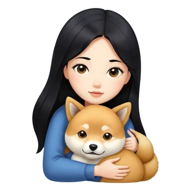 A beautiful girl with long black hair hugs a Shiba Lnu sticker