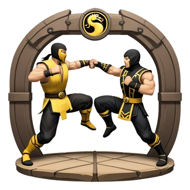 An icon showing two fighters in combat poses, inspired by Mortal Kombat. One character delivers a powerful kick, while the other blocks. The background features an iconic arena from the game with life bars at the top, symbolizing intense battles. Transparent background. sticker