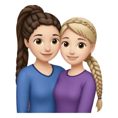 Comforting Hug two white skin women, one shorter woman with medium brown simple top ponytail, not braided, and one taller woman with a single long black side braid sticker