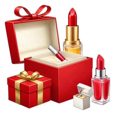 an open gift box with lipstick, cream jar, and perfume bottle spilling out sticker