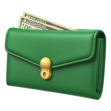 Rich emoji style green leather wallet with dollar bills, luxury money vibe, premium 3D emoji, ultra clean, high detail, no background sticker