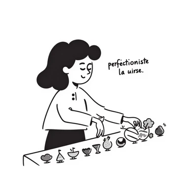 hand-drawn doodle of a perfectionist organizing objects in a straight line, neat and tidy, with text 'perfectionniste' sticker
