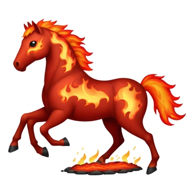 A red fast horse made of embers, magma, and visible lava, with flames burning around it and ash particles floating sticker