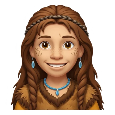 smiling Neanderthal woman with long hair and animal skin clothing sticker