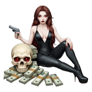 Lilith red eye seductress evil long brown haired sexy succubus woman with leather long dress with slit on, sitting in Big Large F350 pickup truck. Wearing super tall black platform high heels, Back seat full of stacks of cash, she is  Holding a human skull of her enemies and a gun in other hand sticker