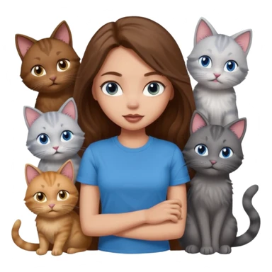 a pretty bratz dusky light skin girl with long brown hair, blue eyes with six cats nd wearing a grey tshirt sticker