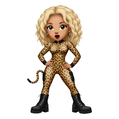 Melanie Brown wearing a tight leopard print bodysuit and black combat boots, showing her tongue ring sticker