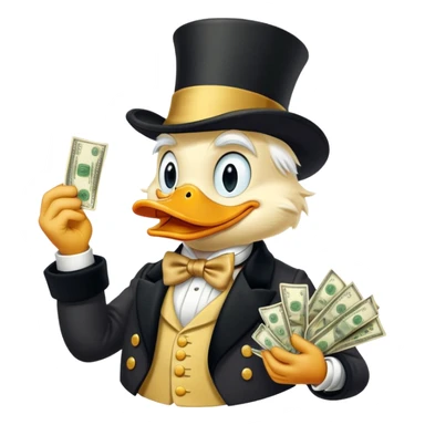 Scrooge McDuck counting money, rich duck character with top hat sticker