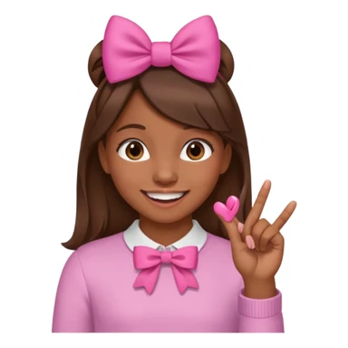 Chica con pelo marron sonriendo con un lazo rosa en la cabeza y mordiendose la punta del dedo indice con delicadeza y la otra mano que no salga en el emoji sticker