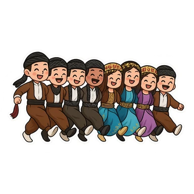 Cartoon sticker of a group of Kurdish men and women performing traditional Kurdish dance, wearing traditional Kurdish clothes and shawls exactly like the reference images, hand in hand pose with legs raised as in Kurdish dance, colorful and joyful, no text, suitable for WhatsApp and Instagram, transparent background. sticker