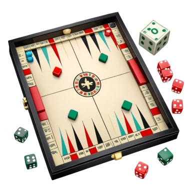A photorealistic icon featuring a backgammon board with dice, a Monopoly board with money and property cards and a Game of Life spinner. The design captures the detailed textures of the boards, pieces, and accessories. Transparent background. sticker