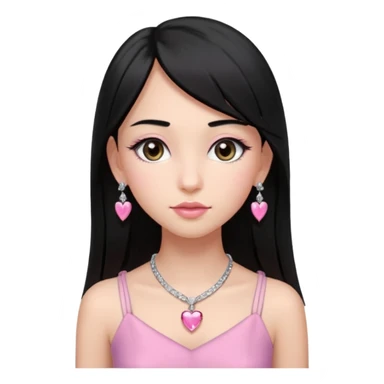 Cabelos pretos longos lisos ,com franja curvada .olhos pretos puxadinho para cima. Cílios longos curvados. Pele clara ,nariz pequeno ,lábios carnudos ,adolescente 16 anos ,vestido rosa de alça, colar de coração prata ,brinco de diamante sticker