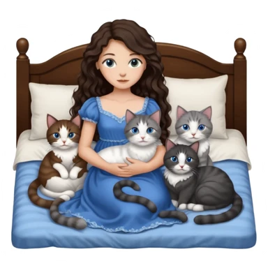 detailed realistic looking a dark grey and white cat regally laying with six other cats, cuddling with their owner in bed who is a pretty bratz lightly tanned white girl with long dark brown hair, blue eyes and gorgeous long wavy hair wearing a pretty detailed dress sticker