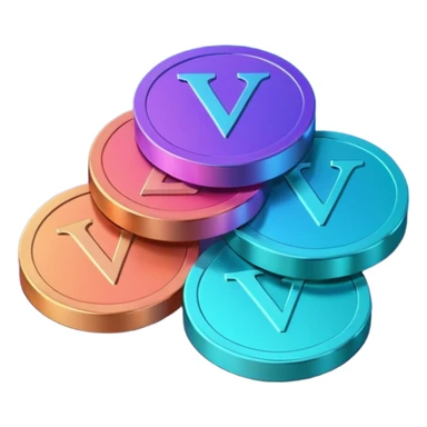 Stack of coins in gradient of turquoise, blue, pink, purple, and coral color with V letter sticker