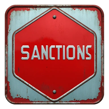 red, road sign, hexagonal, with the inscription SANCTIONS sticker