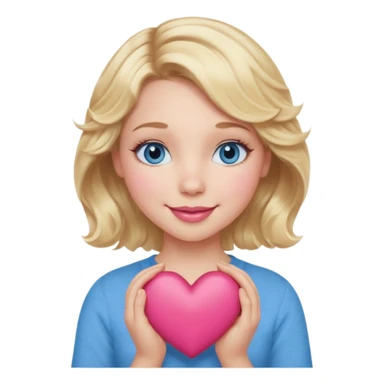 Girl Blonde short wavy hair,  blue eyes, cute blue top, long lashes, pink lips, smiling, holding a big heart sticker