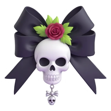3D emoji gothic bow, white satin, silver skull charm, black rose center, feather accents sticker