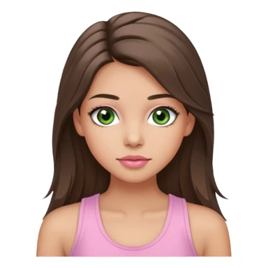 Create a teen girl wearing a light pink tank top. She will have long brunette hair, tan skin, pink lips, and grey-green eyes. She has long eyelashes. sticker