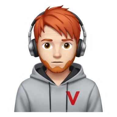 red-haired male with headphones, wearing a hoodie with 'woojuo' letter print on the chest, confident expression, emoji style sticker