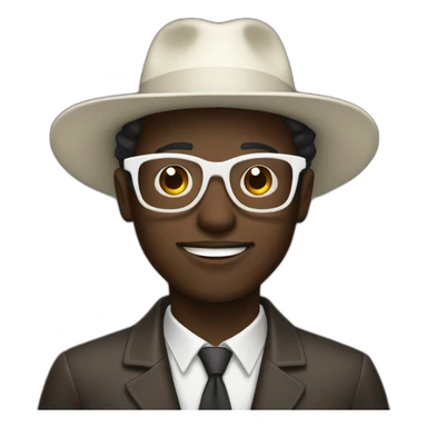 Dark skinned man with a white fedora and glasses and small goatie sticker