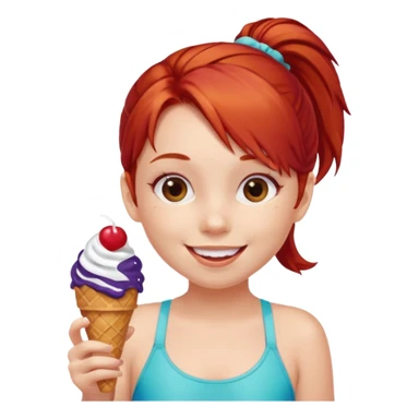 girl kid red haired swimsuit, eating ice cream, ponytail sticker