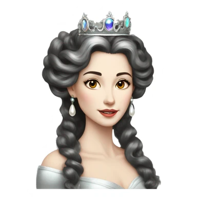 Regal pretty slender middle age woman photograph defined cheekbones high cheekbones crown vintage with very long iridescent black and silver hair wavy long hair pearl crown iridescent sticker