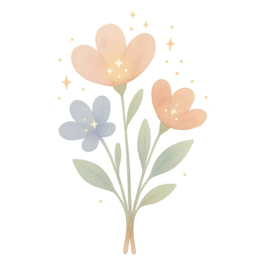 watercolor art illustration of a magical bouquet with glowing flowers, calm pastel colors, white background, designed for sticker printing sticker