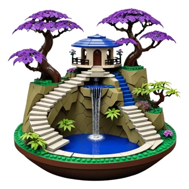 Alien saucer house jungle-vines Lego precarious narrow stairway fountain mountain-island landscape antique mudman very old broken cracked intricate Stone Age lapis-crusted irregular dodecagon-shaped shallow dark moss rough bark violet serissa flowered maple tree bonsai pot sticker
