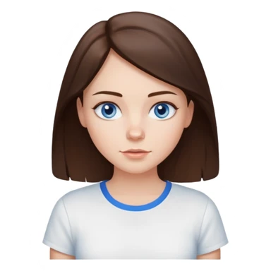 Create an emoji of a white Girl with brunette hair blue eyes faint freckles and hair to her shoulders wearing a white shirt sticker