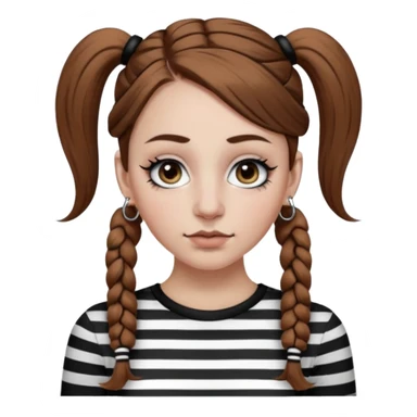 a white girl with brown hair in very low pigtails black eyeliner big false eyelashes with a septum piercing nose piercing big hoop earings dermals close to the eyes one on each side wearing a black and white striped long sleeve shirt sticker