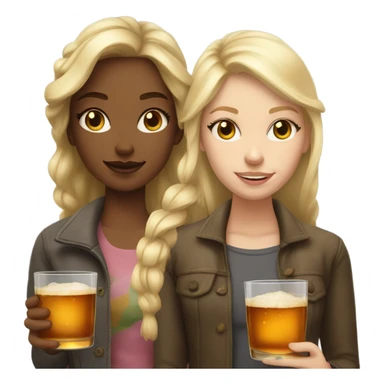 A girl with a cold shade of blond and a girl with light blond hair both with fair skin drink apple whiskey sticker