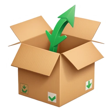 closed cardboard box with a circular arrow and a green checkmark inside the arrow, positioned above the box in the upper right corner sticker