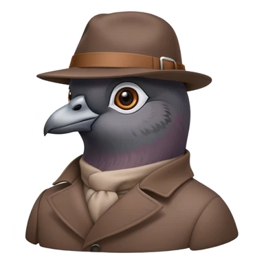 Pidgeon spy in a brown coat and with a hat sticker