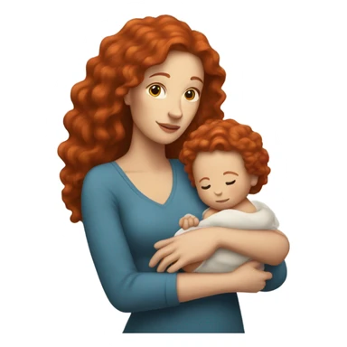 white woman long red curly hair holding bald infant sticker