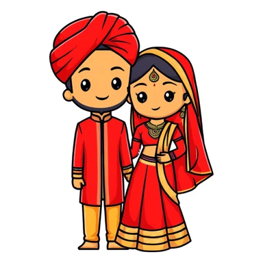 Indian bride and groom on their wedding day, bride in decorative red wedding outfit with gold details, groom in elegant sherwani, both fair-skinned, groom has no facial hair sticker