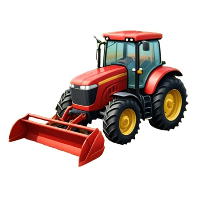 An icon representing a farming simulator, with a detailed tractor plowing fields under a bright sky with bright rural landscape. The design includes farming tools, crops and barns, symbolizing the immersive experience of managing a farm. Transparent background. sticker