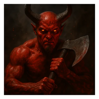 a realistic devil with horns and red skin, gripping a large axe, intense atmosphere sticker