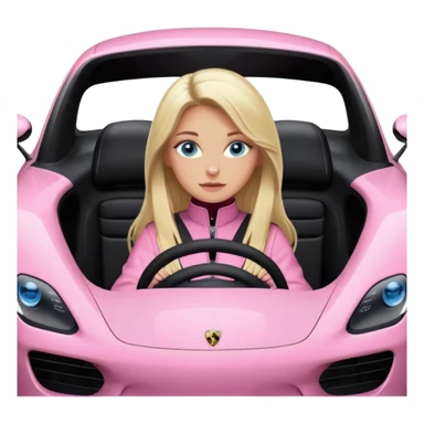 pink Porsche taycan with blonde girl, long hair, blue eyes, sitting inside the car, front view point of view, no sunglasses, sexy sticker