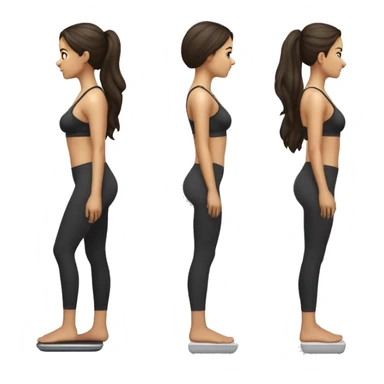 Side view of a fit brunette girl standing on a bathroom scale, looking down, wearing black leggings and a sports bra sticker