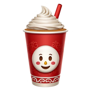 3D emoji of a festive paper cup from the Moscow Red Square Christmas fair. The cup features traditional Russian red and white ornaments. Steam is rising from the top, with a cinnamon stick and a small gingerbread man cookie peeking out. Glossy paper texture, soft 3D render, sticker