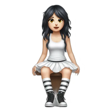Hyperrealistic Frontal view curvy emo girl sits white skirt striped stockings hands up sticker