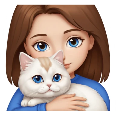 girl with brown hair, brown eyes cuddling a white persian cat that has blue eyes sticker