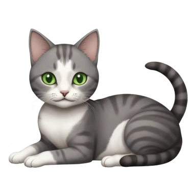 full body tiny short hair dark grey and white cat with white front legs and green  eyes lying down sticker